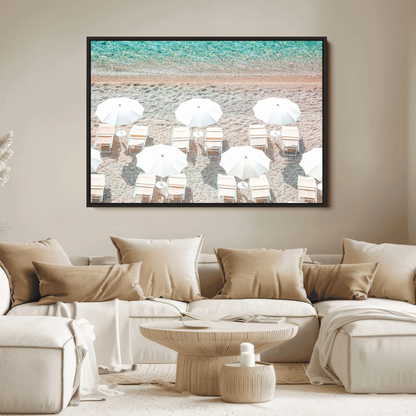 A bright beach scene with white umbrellas, pastel sand, and turquoise waters, creating a tranquil coastal vibe, perfect for beach house or summer decor.