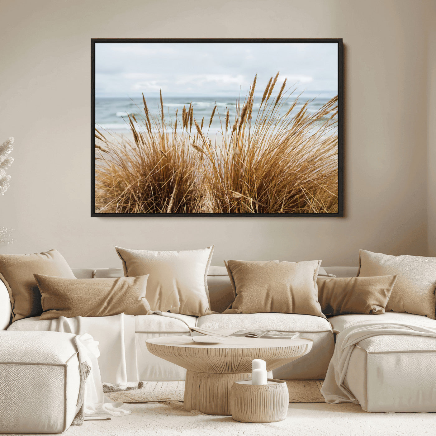 Canvas of golden beach grass swaying by the ocean under a soft cloudy sky, perfect for neutral-toned or coastal minimalist decor.