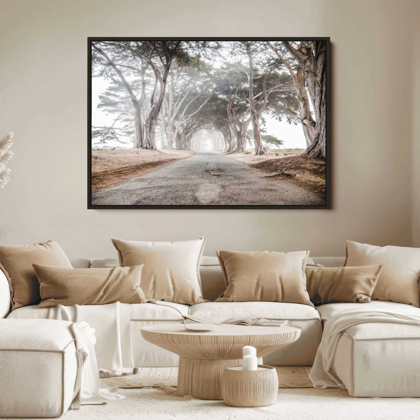 Canvas of a misty tree tunnel with arching cypress trees and an earthy road, ideal for rustic or coastal nature decor.