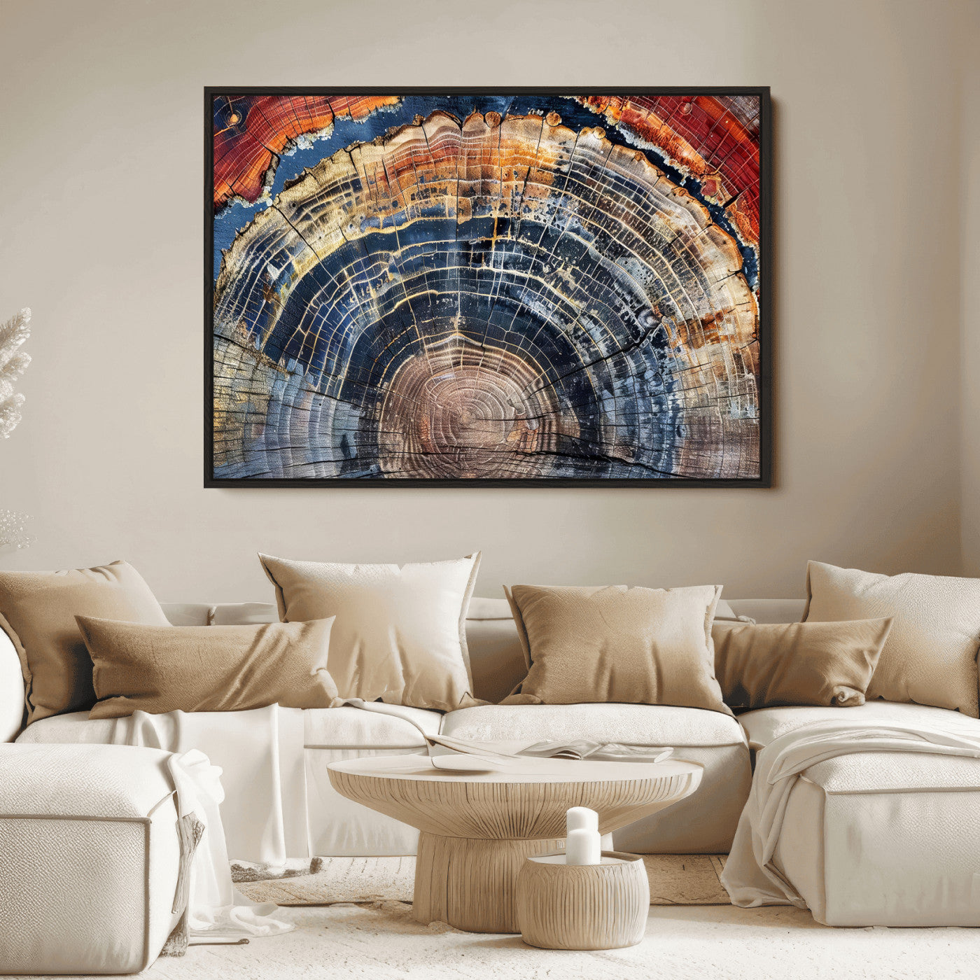 Vibrant tree ring with orange, brown, and blue tones in abstract detail, perfect for rustic or boho-inspired wall decor.