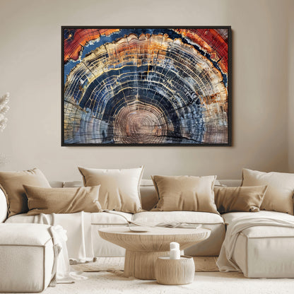 Vibrant tree ring with orange, brown, and blue tones in abstract detail, perfect for rustic or boho-inspired wall decor.