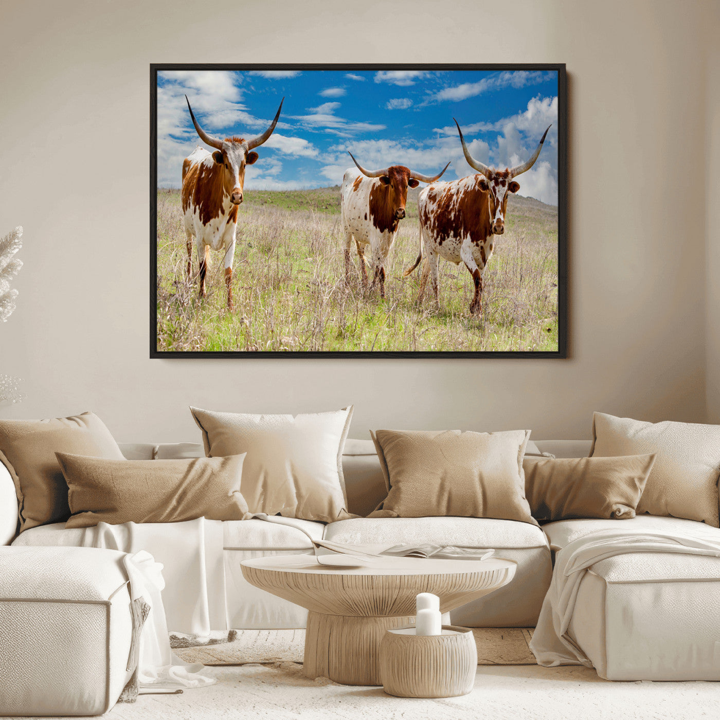 Three Texas longhorn cattle standing in dry grass under a bright blue sky, ideal for farmhouse or western rustic home decor.