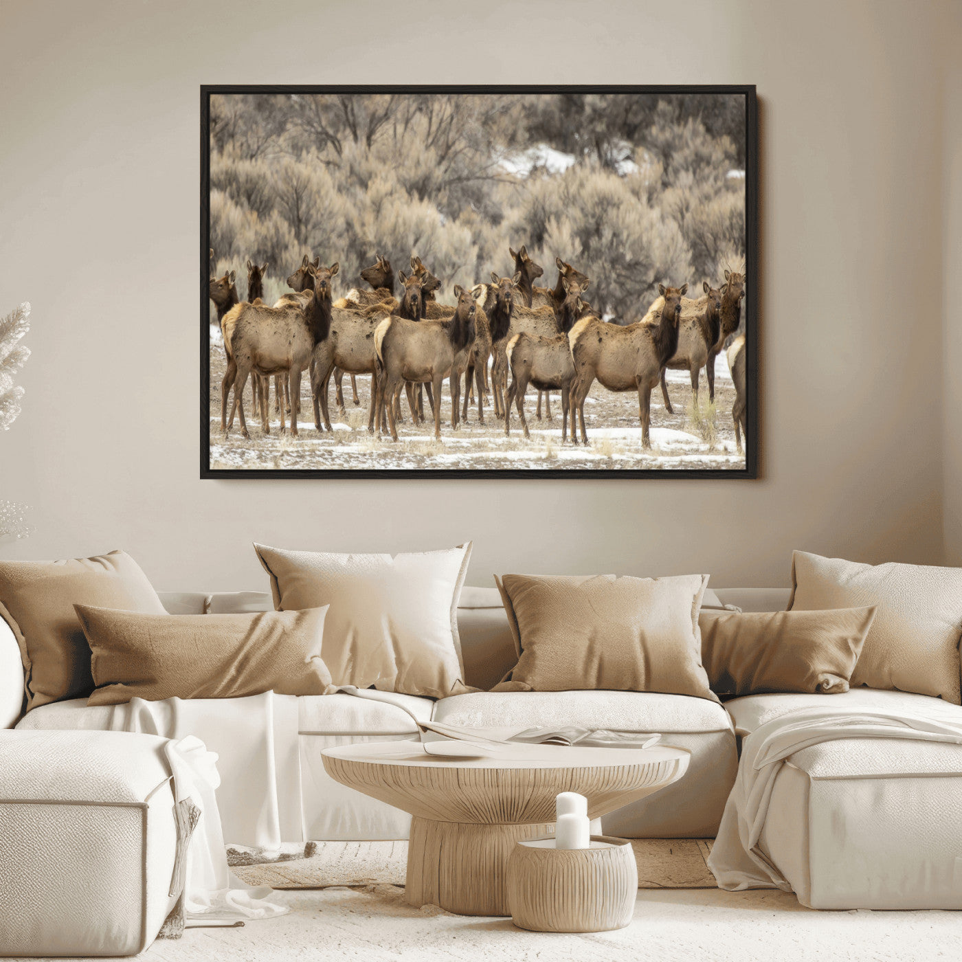 A large herd of elk standing in an open field with soft earthy tones, ideal for rustic lodge or western-themed home wall decor.