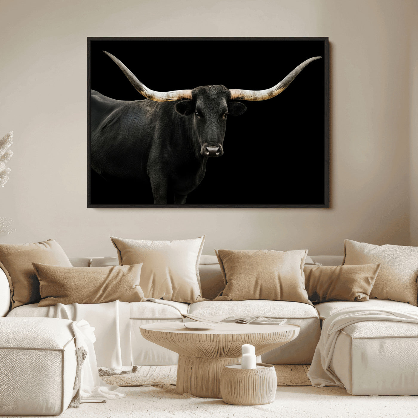 Close-up of a black Texas longhorn with large curved horns on black background, ideal for rustic farmhouse or modern western interiors.