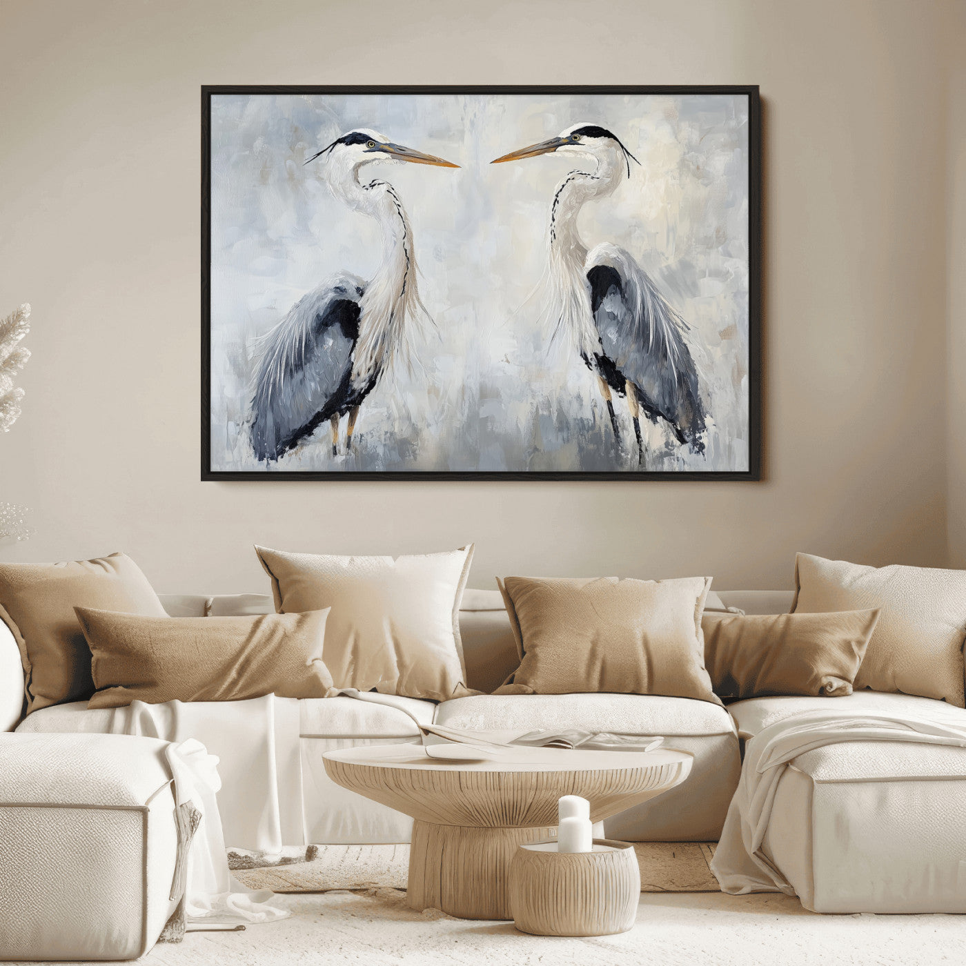 Two herons facing each other on a soft-toned background with blue-grey feathers, perfect for tranquil, coastal or nature-themed interiors.