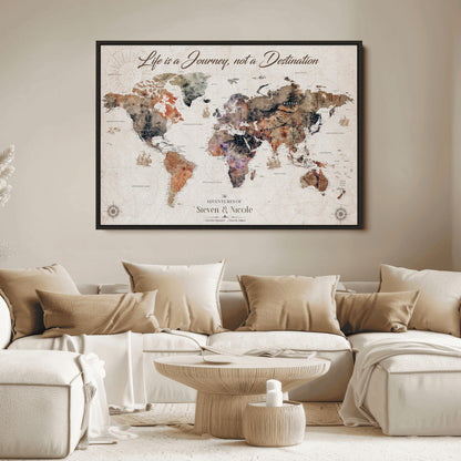 96000140-MGV-CV-36X24-Custom Push Pin World Map Wall Canvas Print – Personalized Travel Tracker with Pins – Framed Large Multi-Size Canvas for Home Office Decor