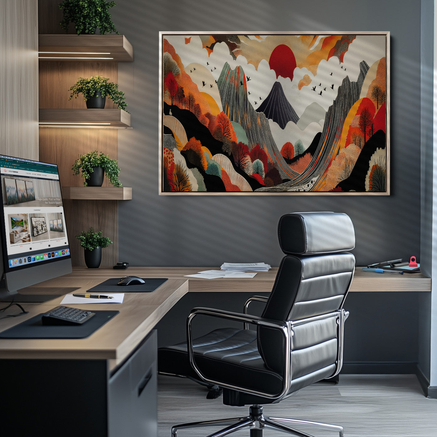 Abstract Mountain Wall Art Canvas Print, Vibrant Landscape Print, Framed Stylized Nature Drawing Art Print, Large Sunset Mountains Printing Perfect for Contemporary Minimalist Decor
