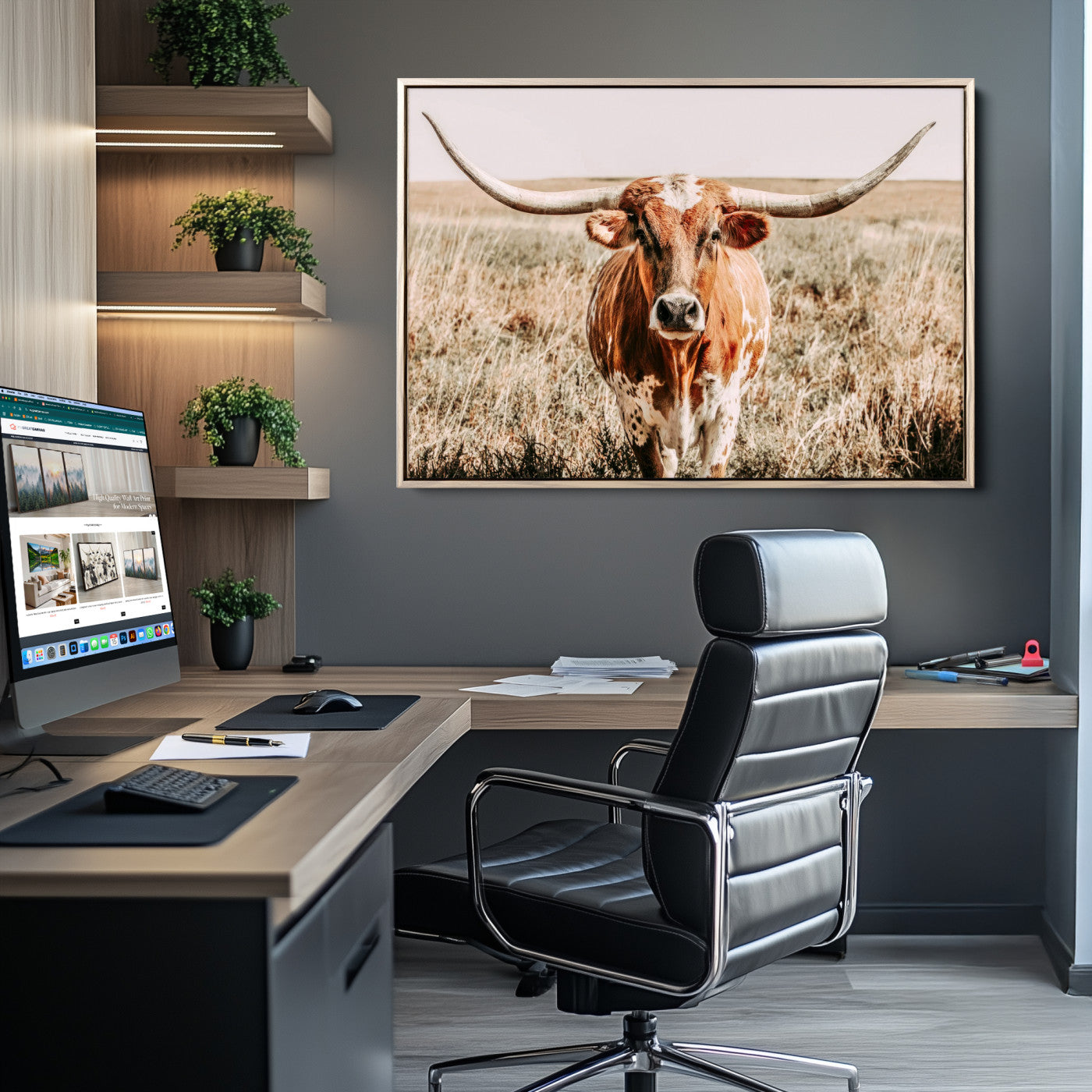 Framed longhorn cow canvas wall art with rustic prairie background, western animal print perfect for farmhouse or ranch style decor
