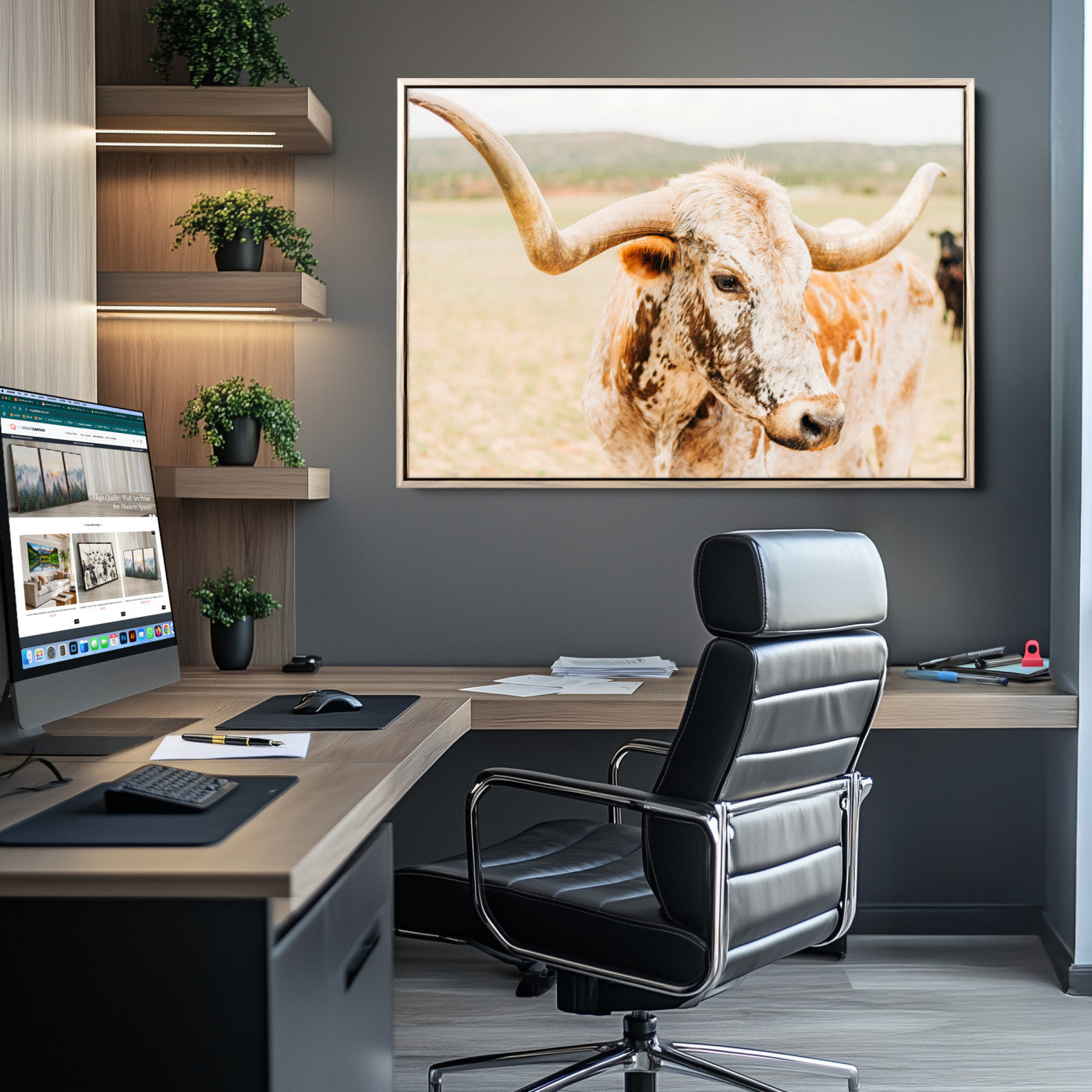 Close-up of a speckled Texas Longhorn in warm prairie tones, perfect for rustic western or countryside-themed room decor.