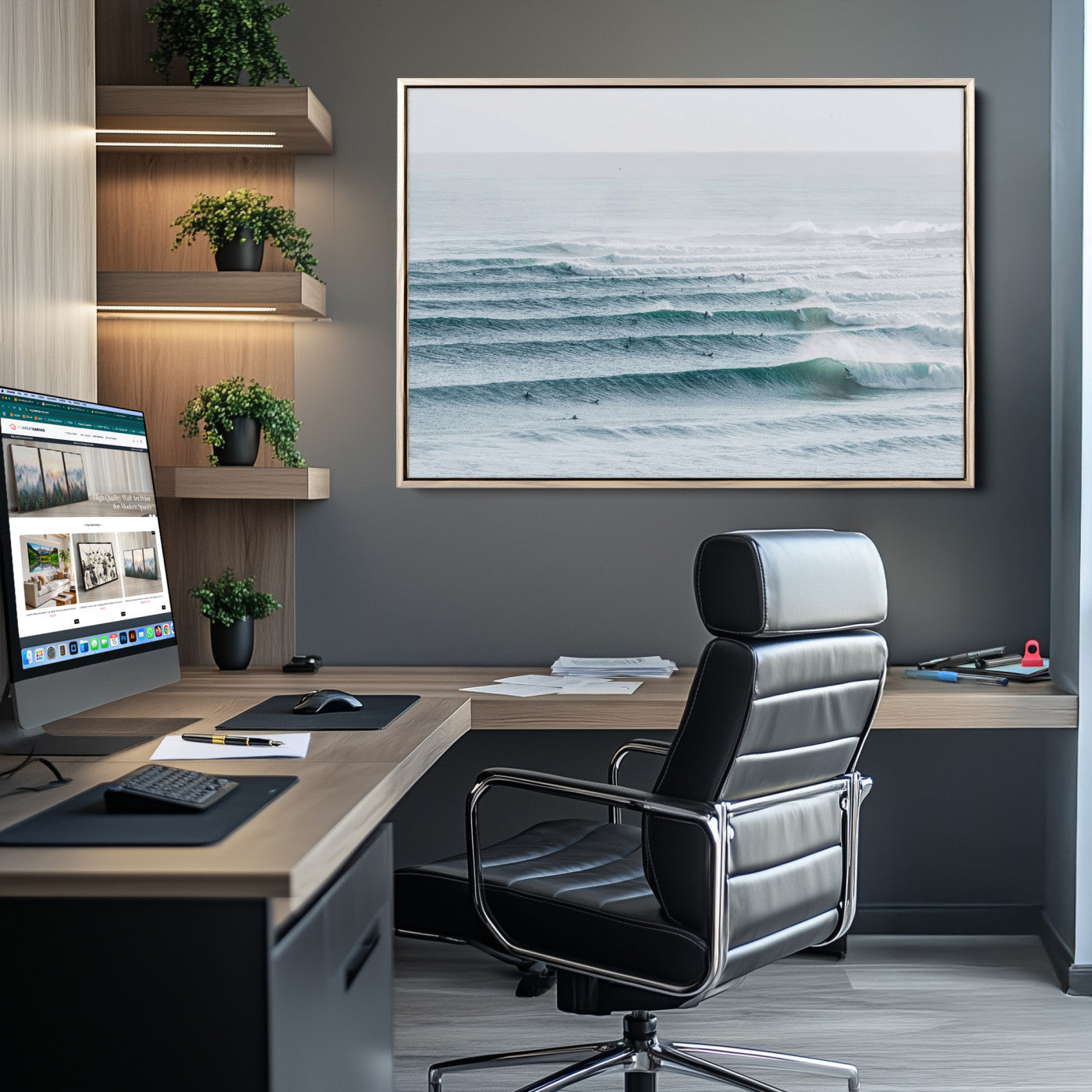 High-angle view of surfers lining up across layered ocean waves, ideal for minimal coastal or surf-inspired room decor.