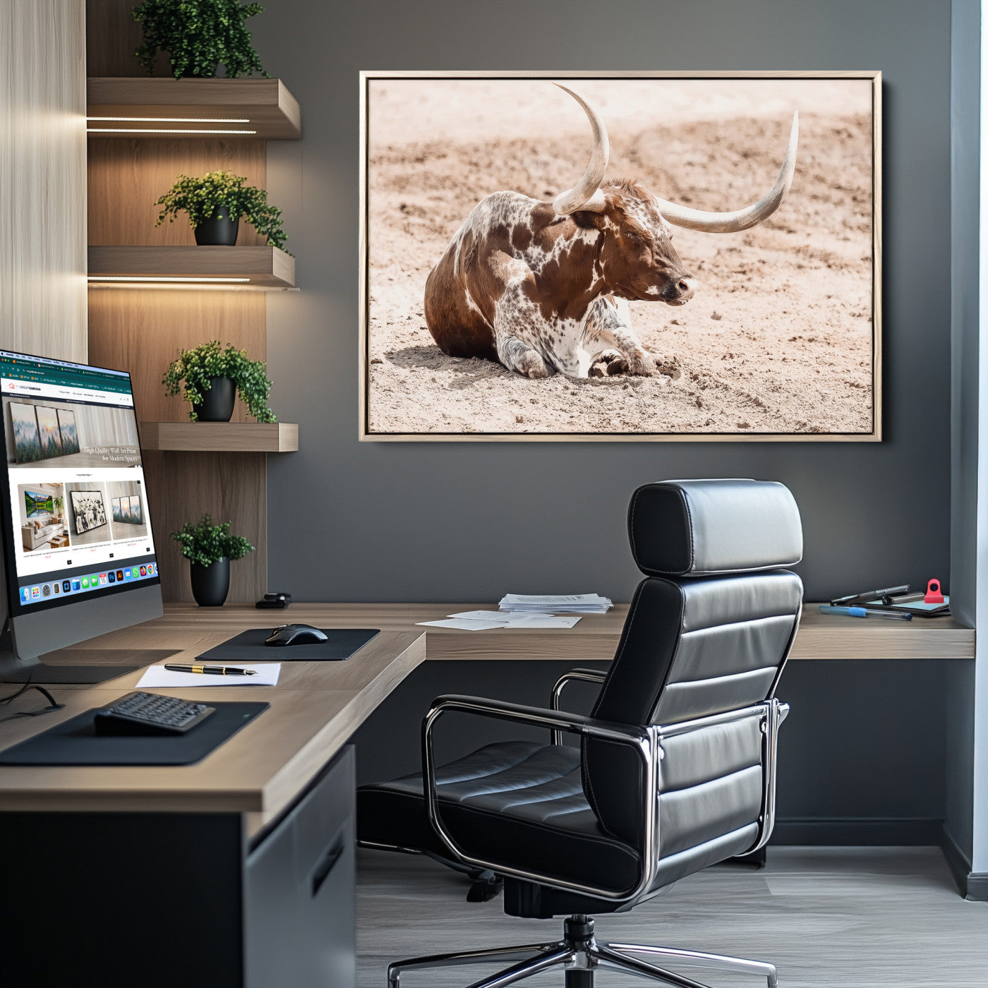 Texas Longhorn bull resting on dusty ground with warm tones, ideal for rustic western or farmhouse-themed wall decor.