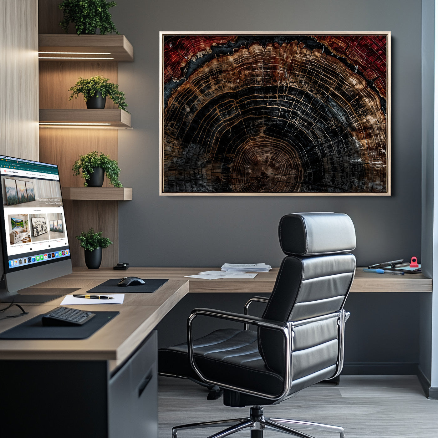 Dark Wood Wall Art Print - Petrified Tree Canvas Print, featuring an intricate tree ring pattern with deep earthy tones and organic textures, perfect for rustic and nature-inspired decor.