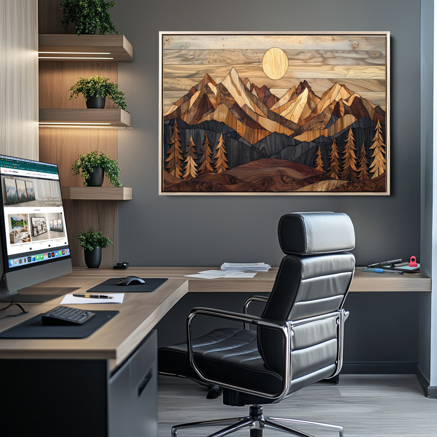 Mountain Landscape Wall Art Print - Sunset Hills Canvas Print, featuring an abstract nature scene with earthy tones and misty peaks, perfect for boho and modern decor.