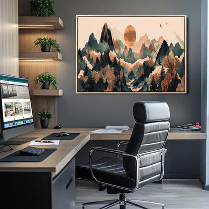 Mountain Landscape Wall Art Print - Sunset Hills Canvas Print, featuring an abstract nature scene with earthy tones and misty peaks, perfect for boho and modern decor.