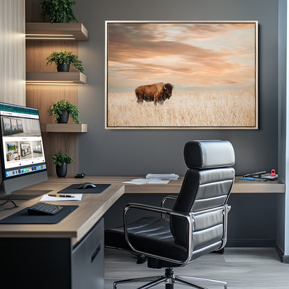 Bison Wall Art Print - Buffalo Canvas Print, featuring a lone bison in a golden prairie under a warm sunset sky, perfect for rustic and farmhouse decor.