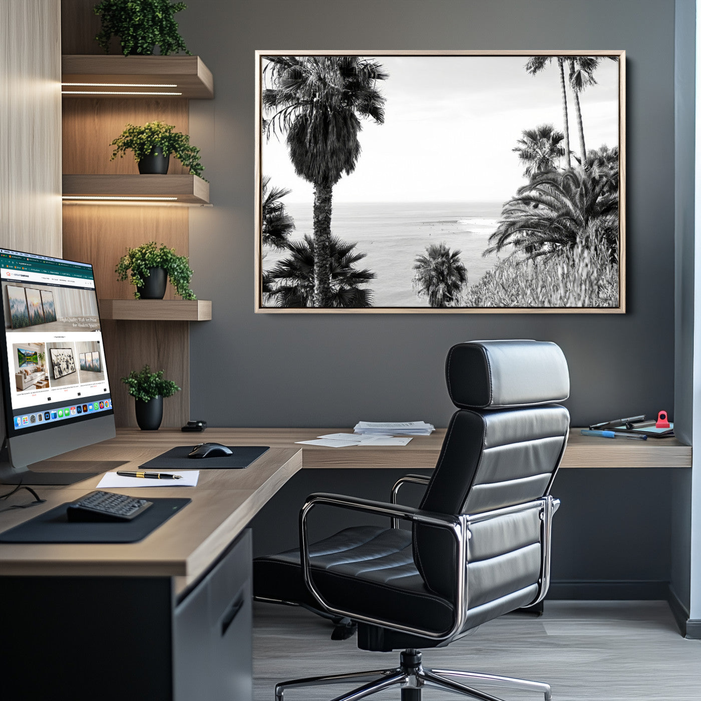 Monochrome canvas of palm trees framing a coastal surf scene, perfect for California-inspired or retro black-and-white beach decor.