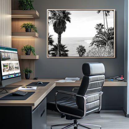 Monochrome canvas of palm trees framing a coastal surf scene, perfect for California-inspired or retro black-and-white beach decor.