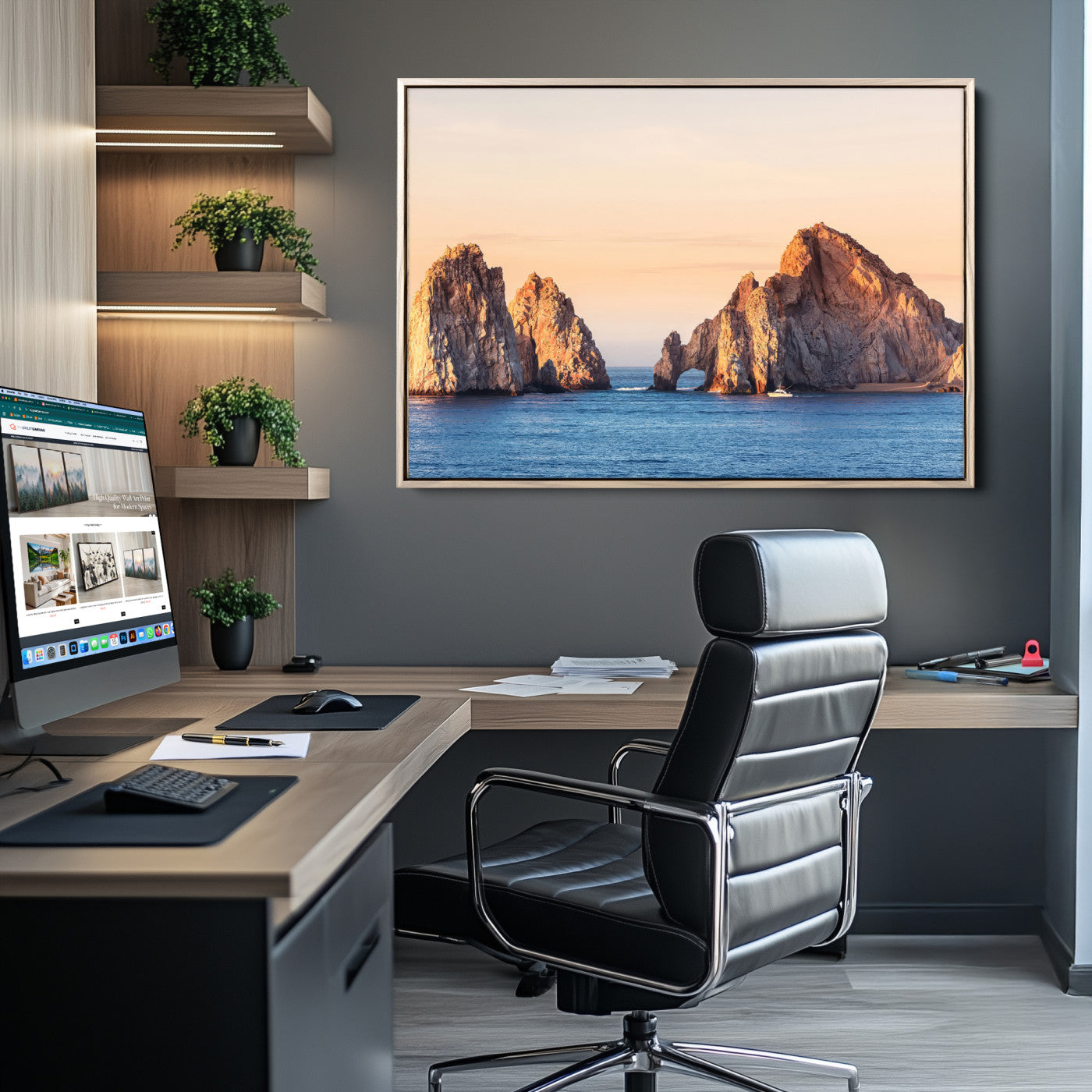 Framed canvas of El Arco rock formation in Cabo San Lucas at golden hour, ideal for coastal landmark or ocean-inspired decor.