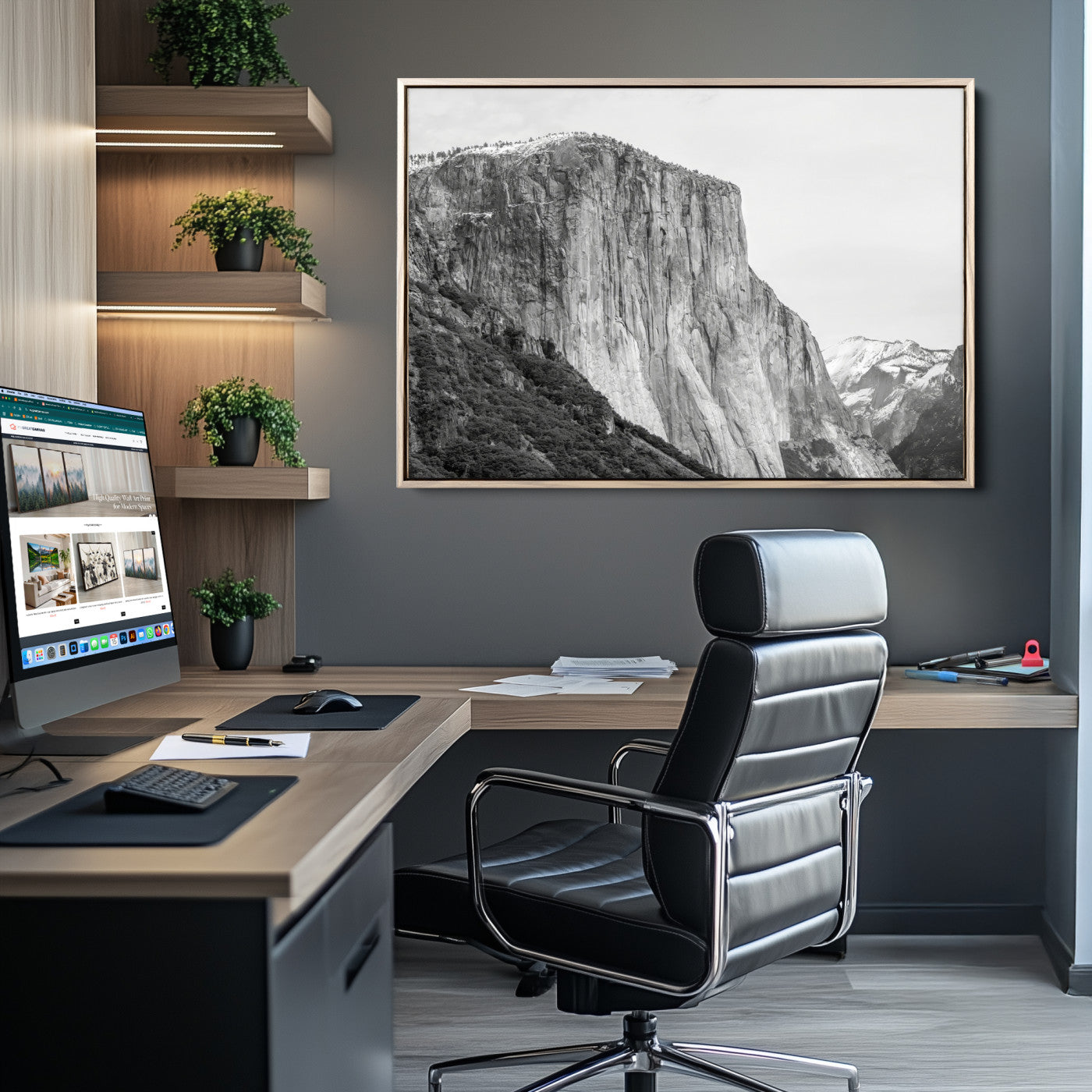 Monochrome canvas of El Capitan’s granite wall in Yosemite with snowy peaks, ideal for dramatic mountain or black-and-white nature decor.