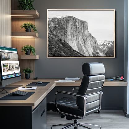 Monochrome canvas of El Capitan’s granite wall in Yosemite with snowy peaks, ideal for dramatic mountain or black-and-white nature decor.