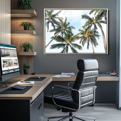 Framed canvas of tall palm trees reaching into a tropical sky, ideal for beach home or relaxed island-inspired wall decor.