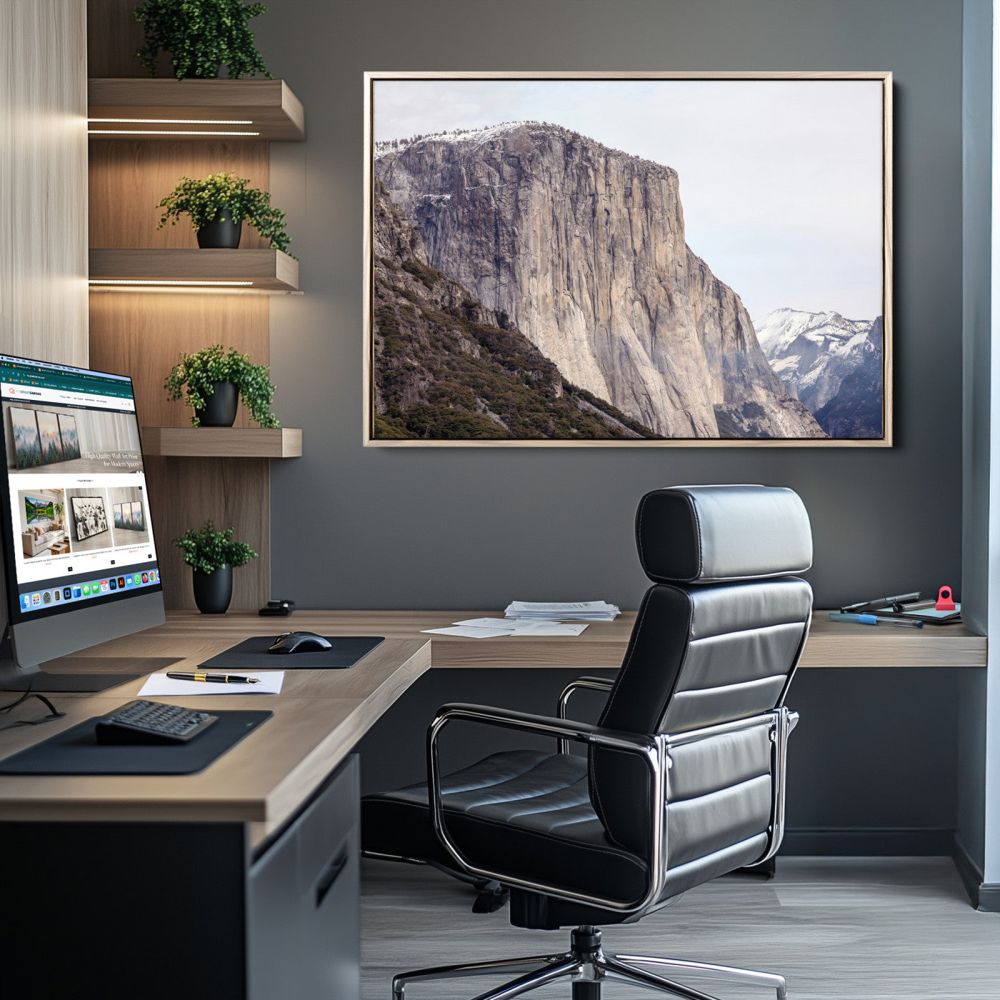 Framed canvas of El Capitan’s vertical granite face in Yosemite with snowy peaks, ideal for Sierra minimalism or mountain-inspired decor.