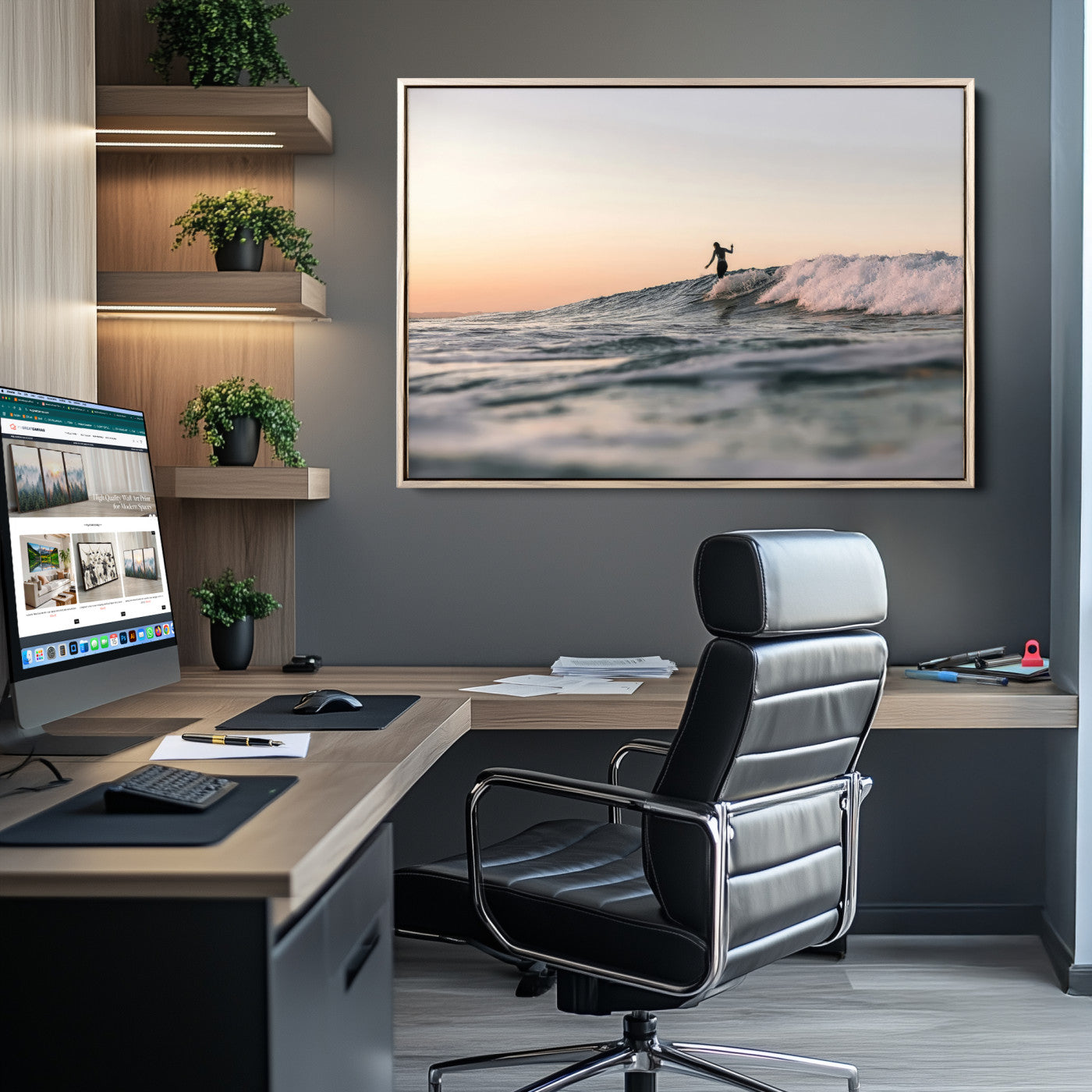 Framed canvas of a female surfer balancing on a wave at sunset, perfect for serene surf or ocean-inspired coastal decor.