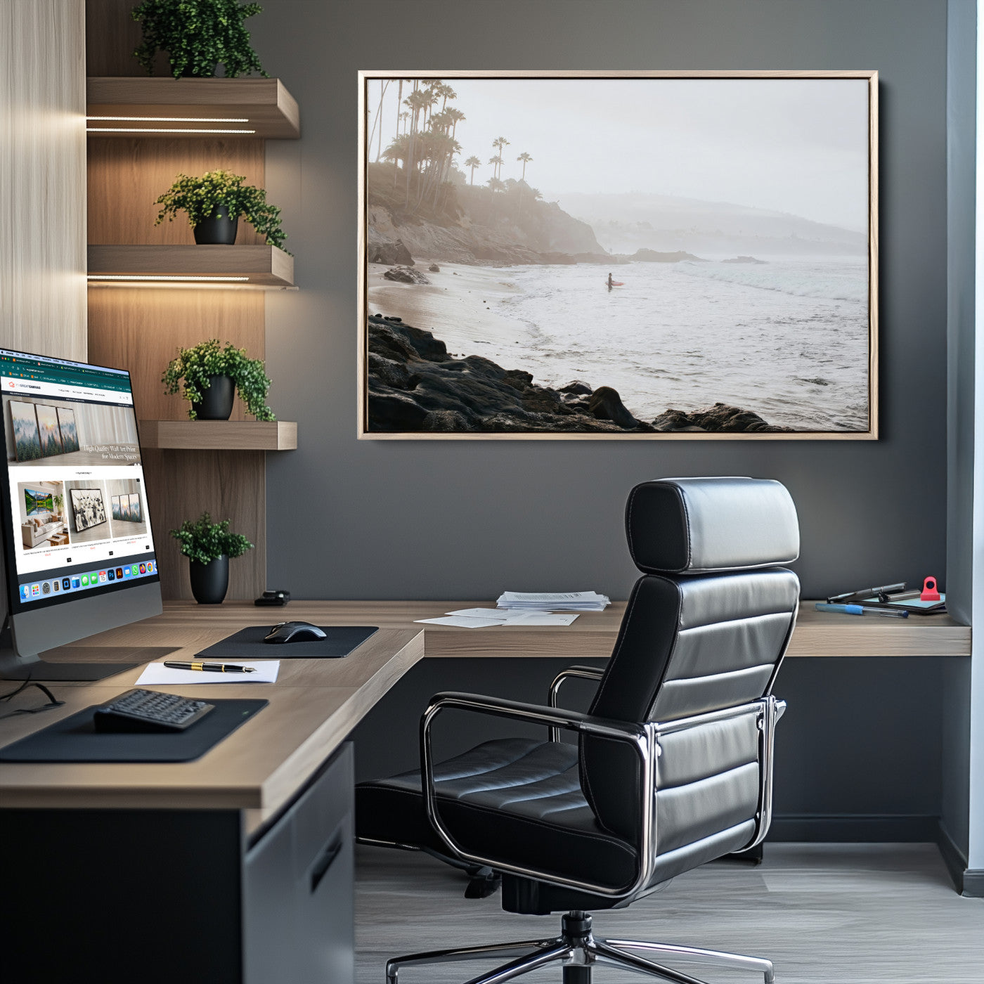 Framed canvas of a surfer in misty coastal tones at a foggy California beach, ideal for minimalist coastal beach or serene ocean-themed decor.