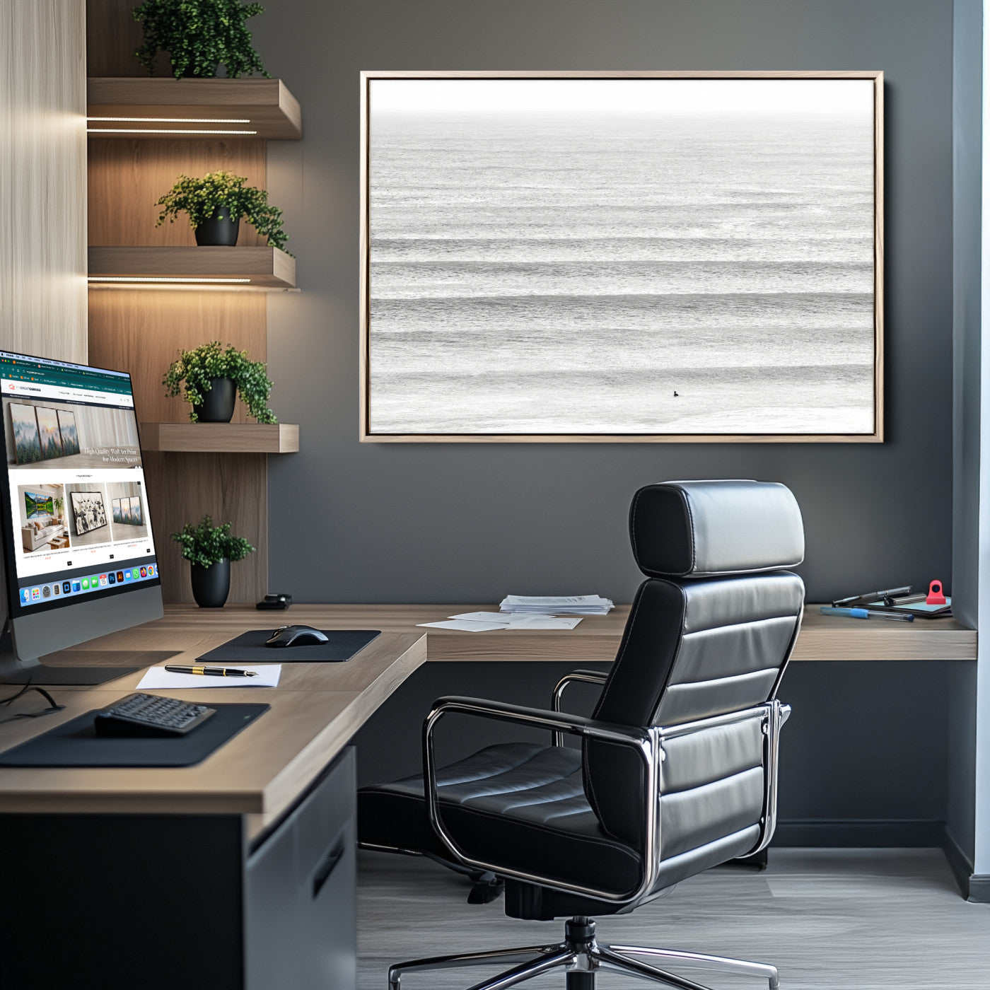 Monochrome photo of a lone surfer in calm layered waves, perfect for minimalist coastal or moody ocean-inspired wall decoration.