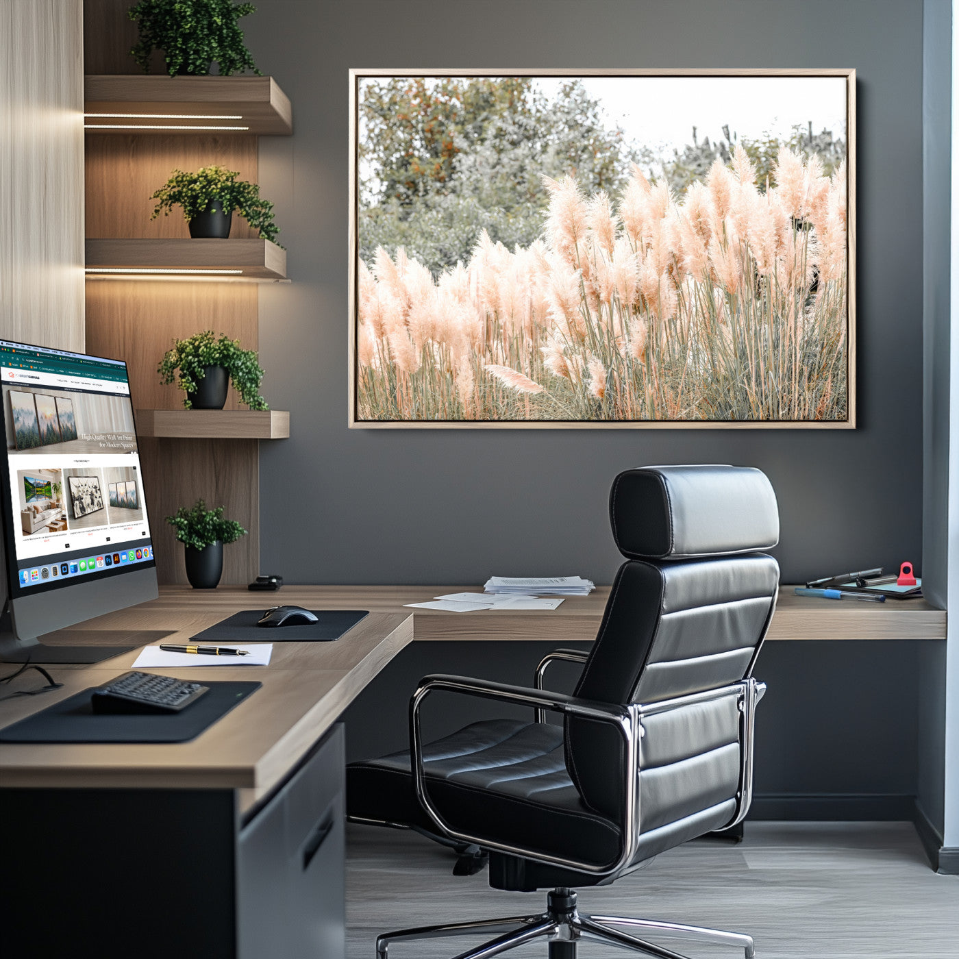Soft pastel pampas grasses in a natural setting, ideal for neutral boho or rustic botanical-style interior wall decoration.