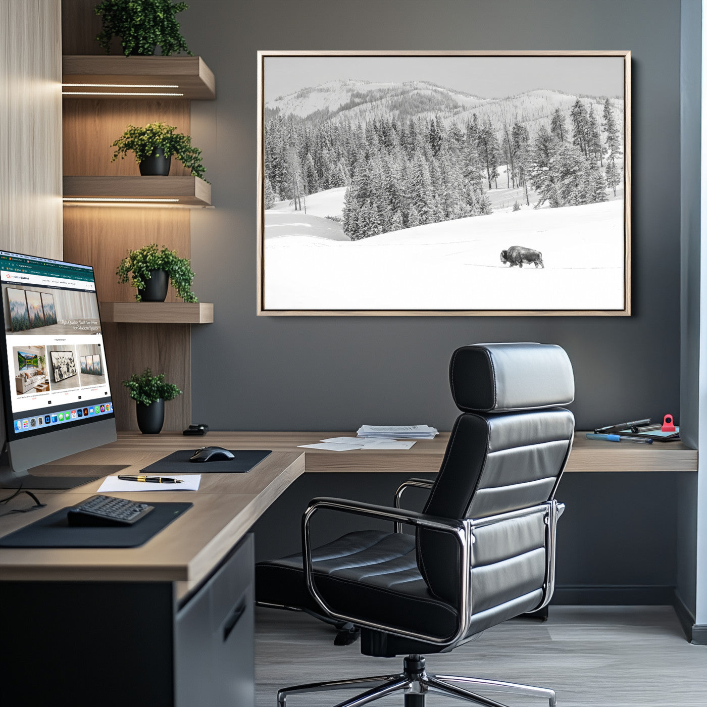 Snowy bison walking through white forest landscape, ideal for monochrome winter or wilderness-style interior wall decoration.