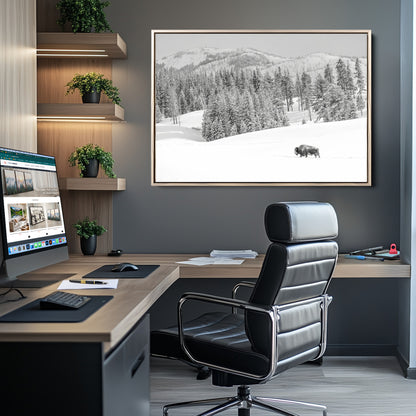 Snowy bison walking through white forest landscape, ideal for monochrome winter or wilderness-style interior wall decoration.