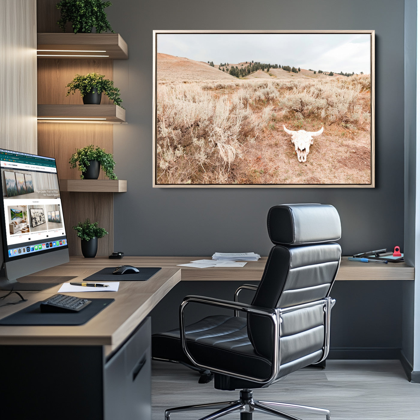 Rustic bull skull on dry sagebrush field under soft light, ideal for western minimal or desert prairie-style wall decoration.