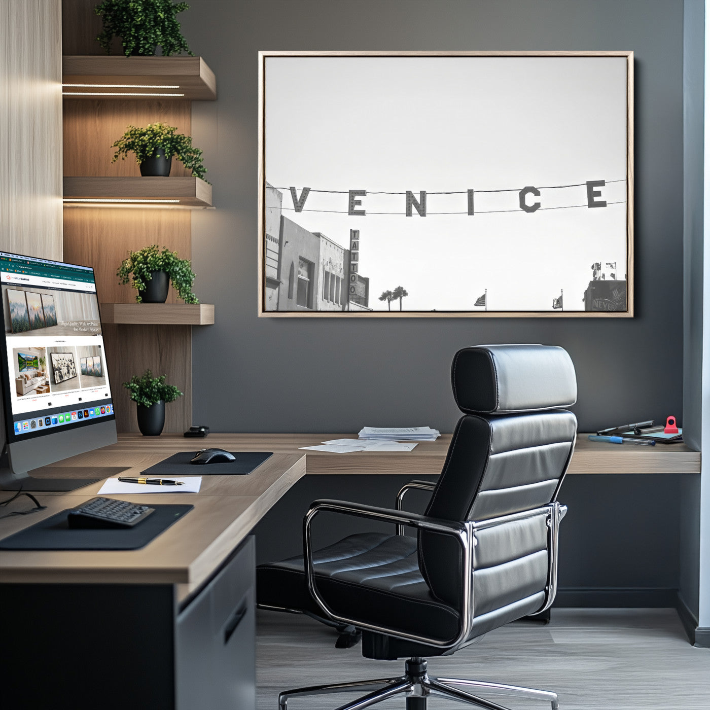 Black and white photo of Venice Beach sign and palm-lined street, perfect for urban coastal or minimalist LA-inspired wall decoration.