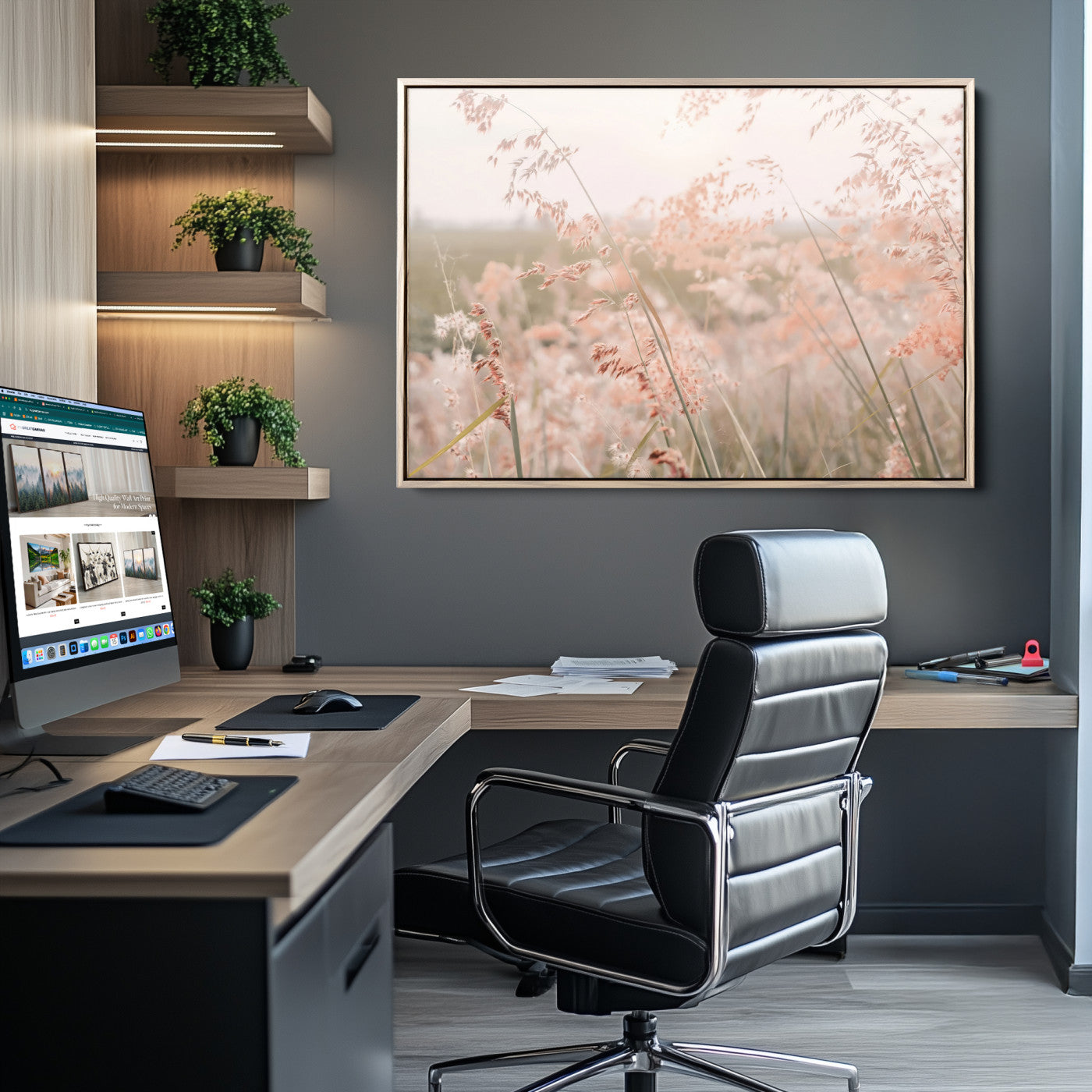 Soft pastel field with wild grasses in warm light, ideal for minimal nature or airy countryside-inspired interior wall decoration.