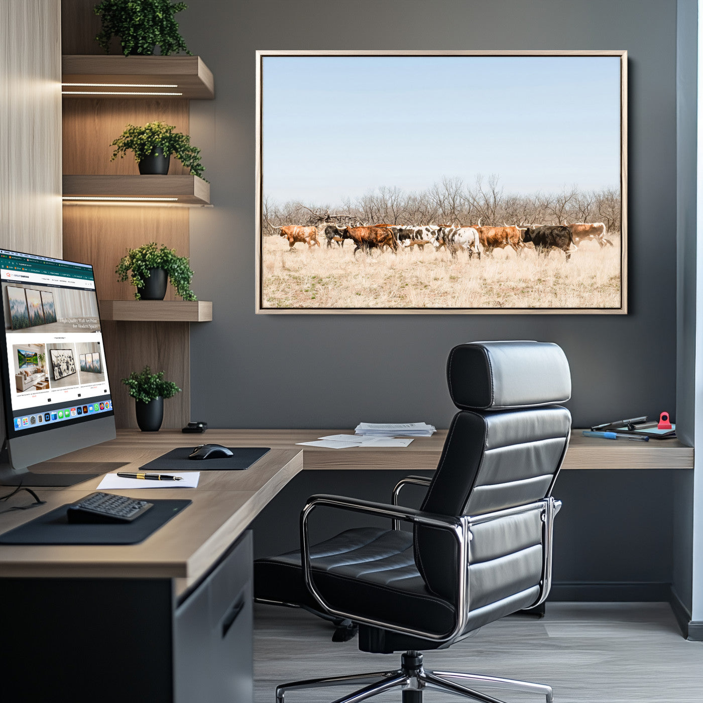 Framed wall art of Texas longhorn cattle walking through a dry, neutral-toned prairie, perfect for rustic farmhouse or western-themed home decor.