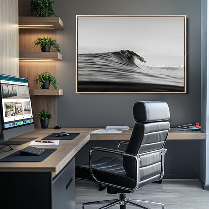 Striking black and white photo of a curling wave, ideal for modern coastal or minimalist wall decor settings.
