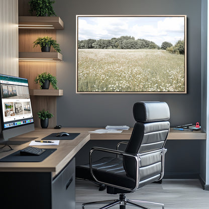 Soft-toned image of a wild daisy field under a cloudy sky, ideal for neutral or Scandinavian-inspired home decor.