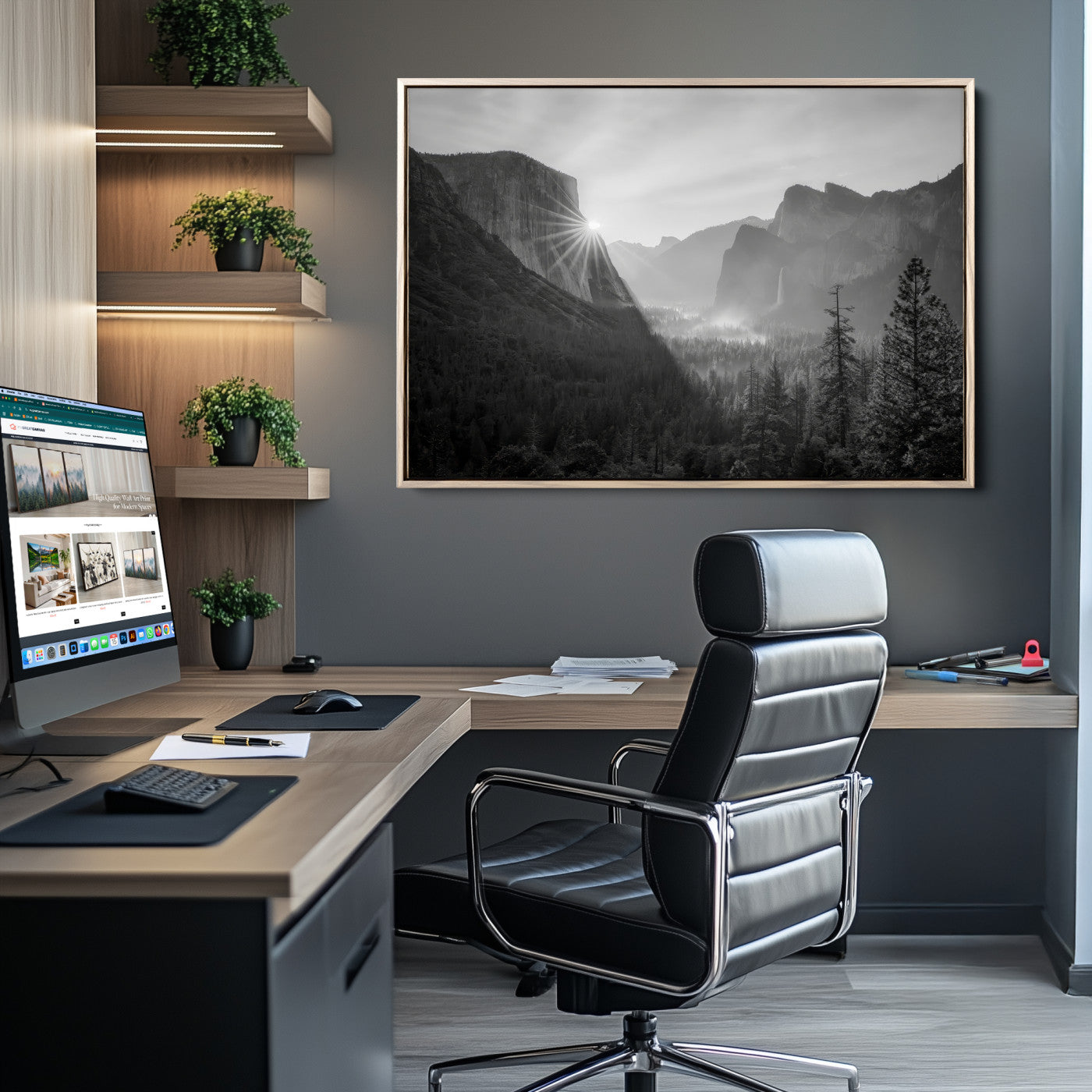 Black and white landscape of Yosemite with sun rays peeking over El Capitan, ideal for moody nature or modern rustic decor.