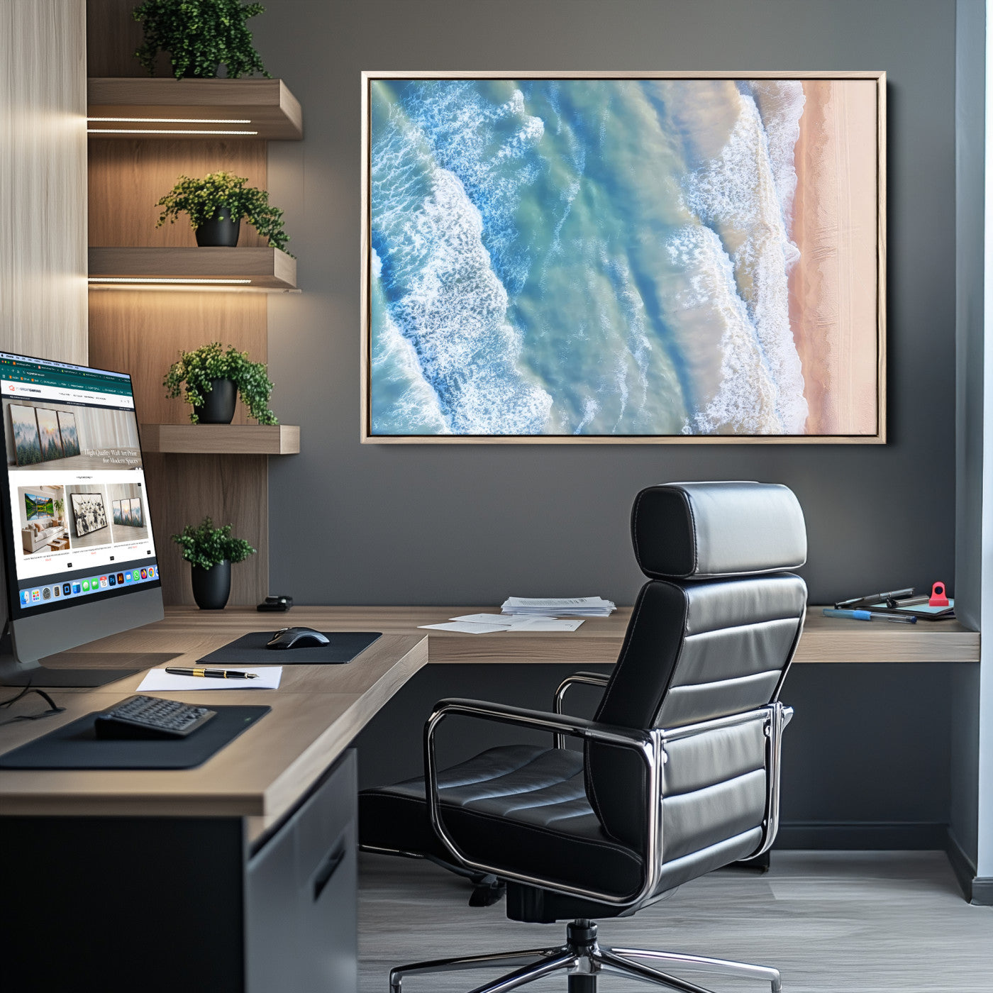 Aerial photo of soft blue waves meeting sandy shore, perfect for modern coastal or beach-themed decor with a light and tranquil aesthetic.