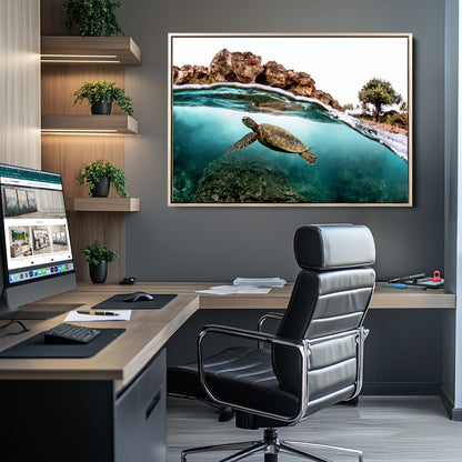 Dynamic split-view photo of a sea turtle swimming near rocky shores, perfect for vibrant coastal or tropical beach home decor.