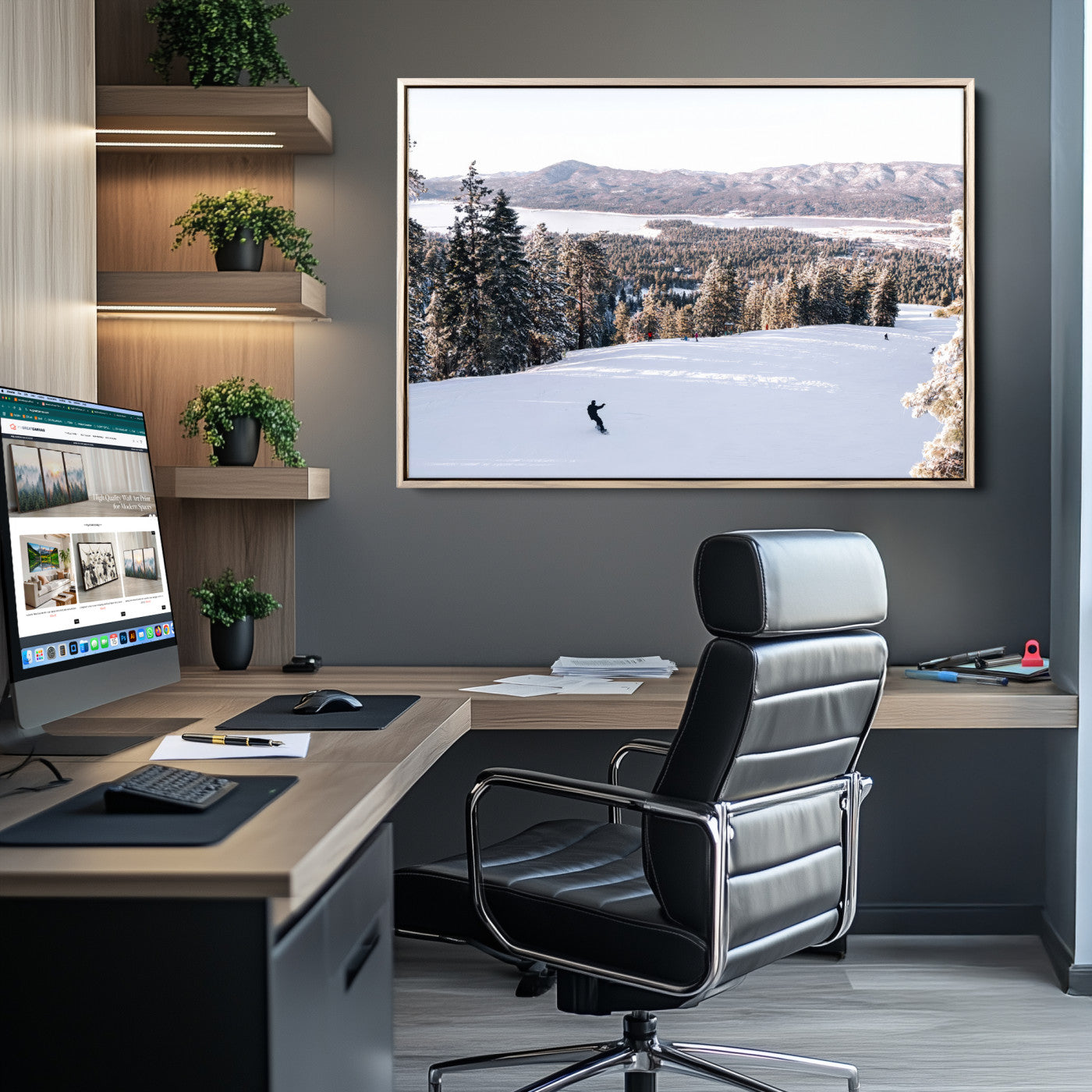 Canvas of a snowy mountain ski slope with pine trees and bright winter light, ideal for modern rustic or alpine-inspired home decor.