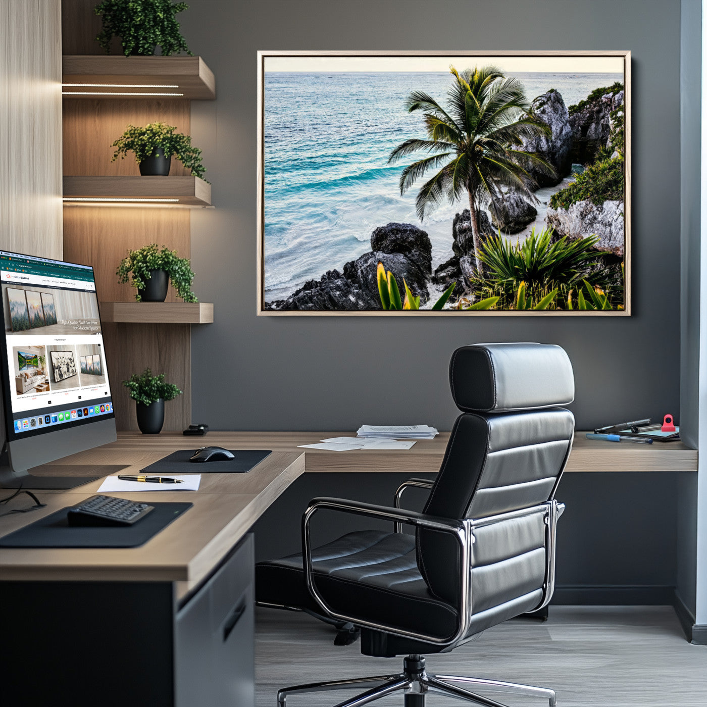 Framed canvas of a vibrant tropical coastline with palm trees, rocky cliffs, and turquoise waters, ideal for tropical coastal home decor.