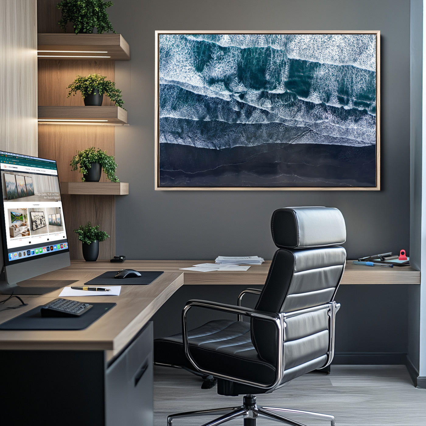 Canvas of aerial ocean waves crashing onto a black sand beach in moody tones, ideal for modern coastal or minimalist home decor.