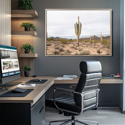 Canvas of a saguaro cactus in an earthy Sonoran desert landscape, ideal for Southwestern Boho or desert minimalism inspired home decor.   2/2