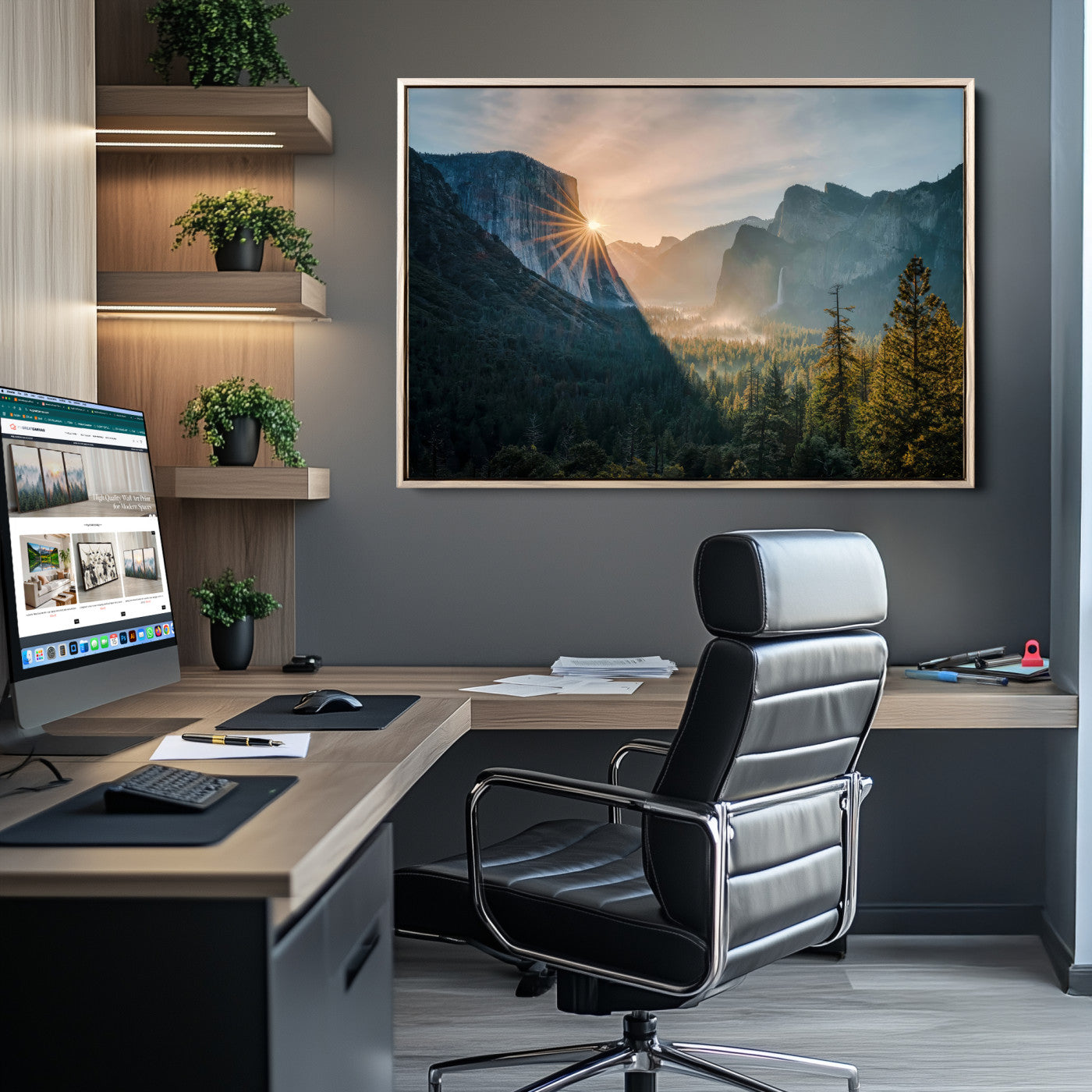 Canvas of Yosemite Valley at sunrise with dramatic rays and earthy tones, perfect for vintage explorer or wilderness-themed home decor.