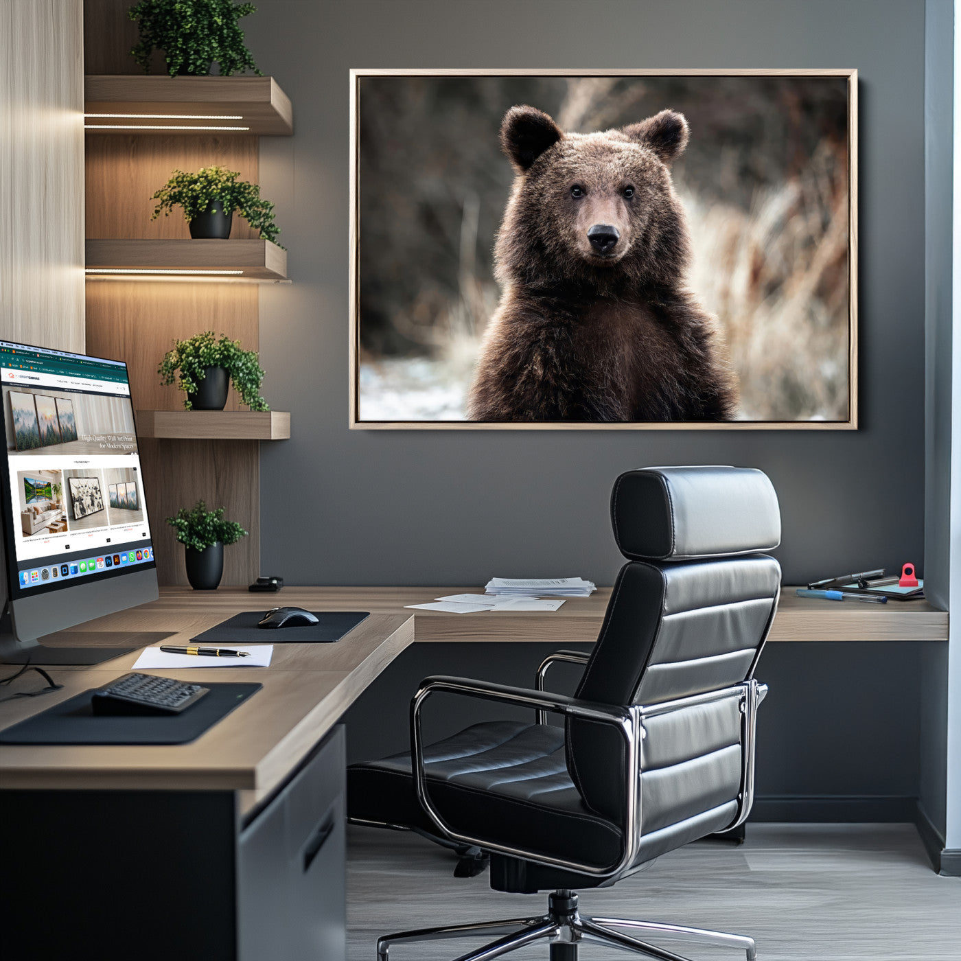 Canvas of a brown bear in soft earthy tones and moody forest light, ideal for rustic cabin or woodland nature-themed home decor.