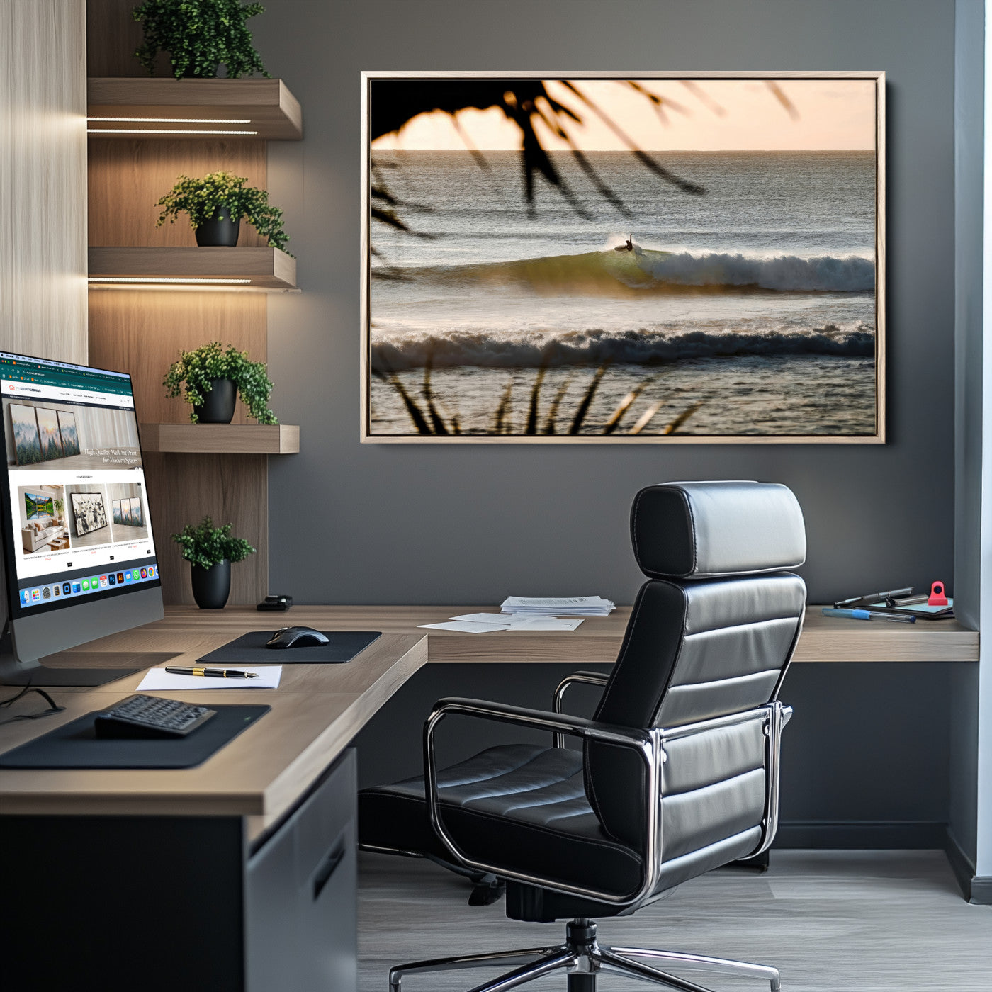 Photo of a surfer riding a golden hour wave at sunset, with tropical tones and dreamy light, perfect for tropical boho or coastal home decor.