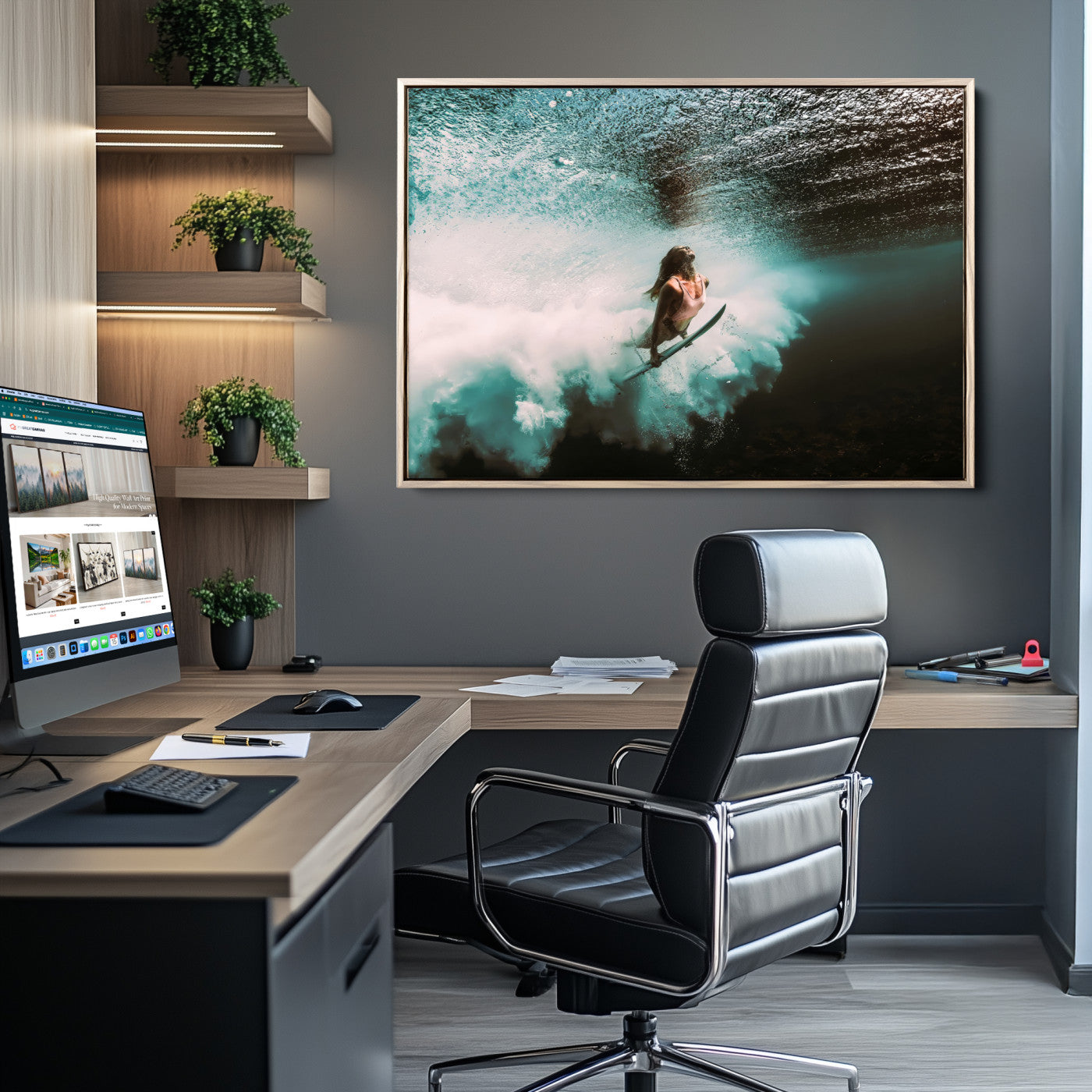 Vibrant underwater photo of a female surfer diving through turquoise waves, perfect for coastal boho or surf-inspired home decor.
