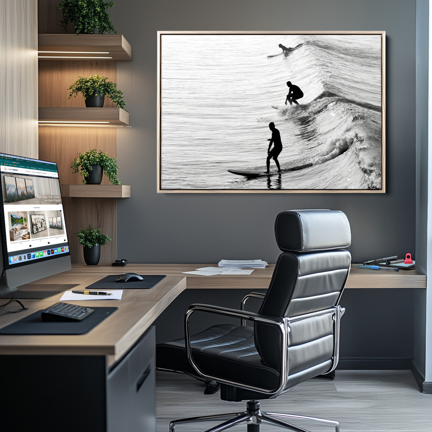 Black and white photo of surfers riding waves in a moody, high-contrast scene, ideal for modern coastal or surf-inspired home decor.